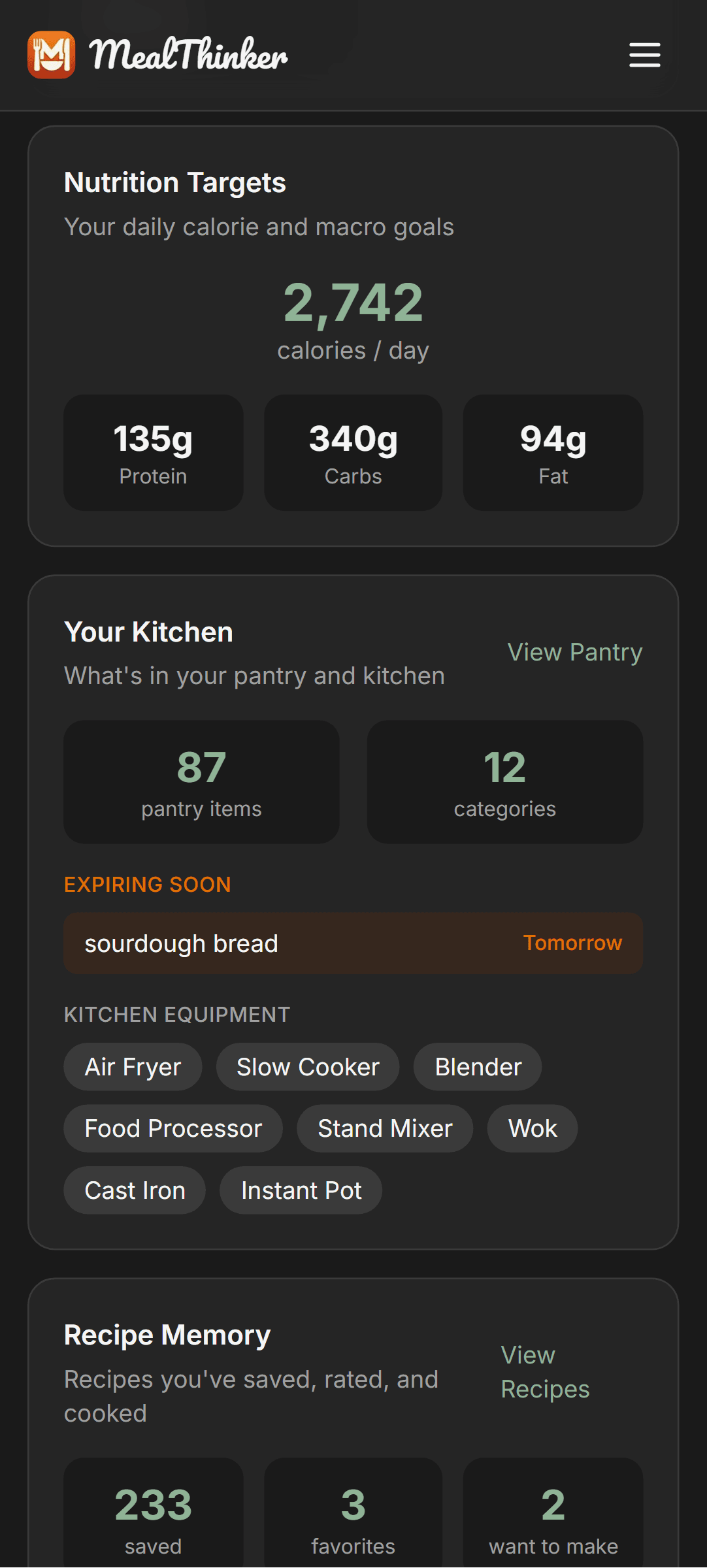 MealThinker About Me - nutrition targets, kitchen equipment, and pantry overview