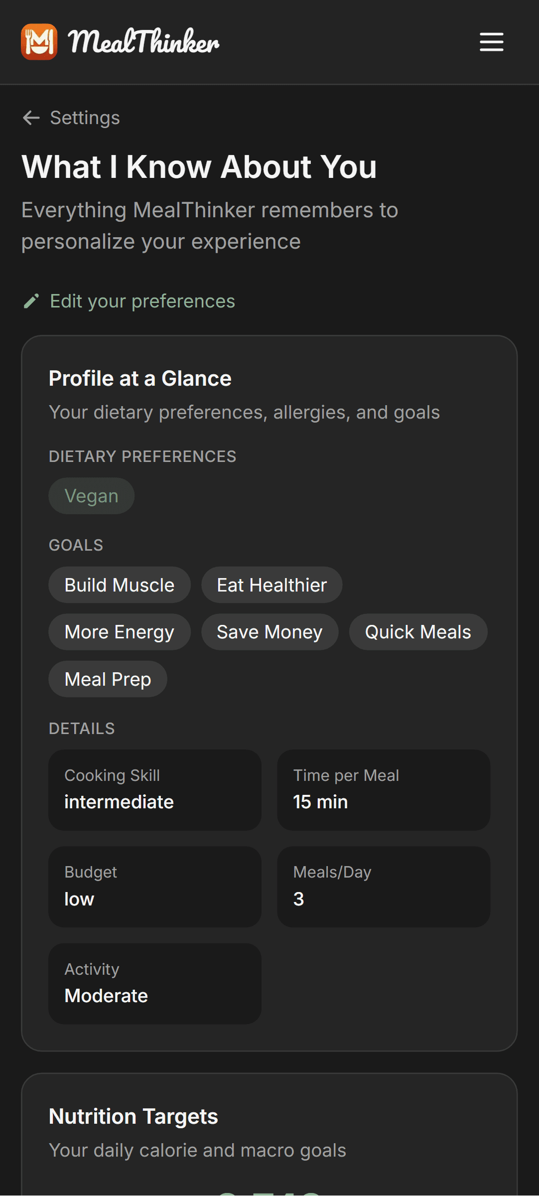 MealThinker About Me page showing dietary preferences, goals, and cooking details