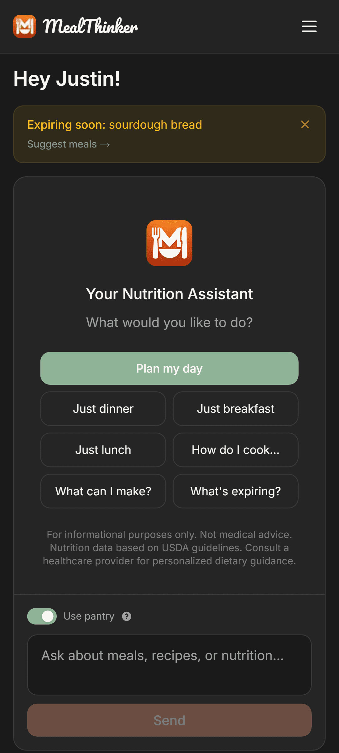 MealThinker AI chat with quick action buttons
