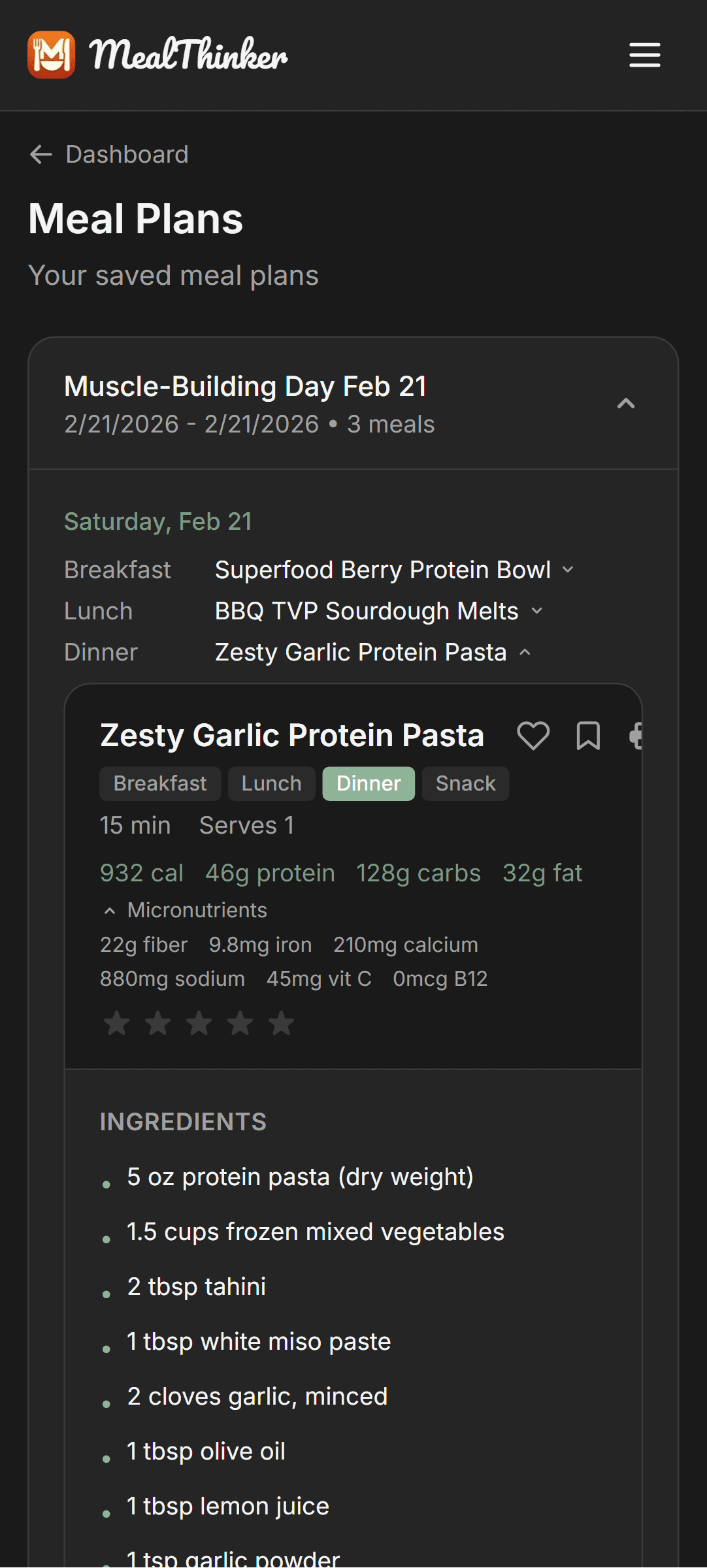 MealThinker saved meal plan with breakfast, lunch, and dinner
