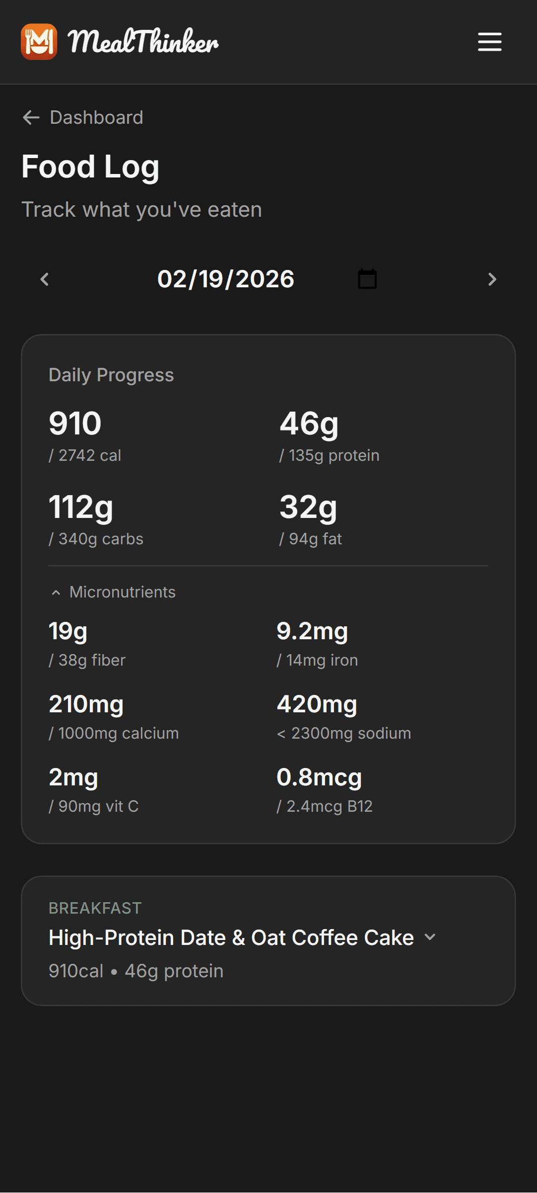 MealThinker food log with daily macro and micronutrient tracking