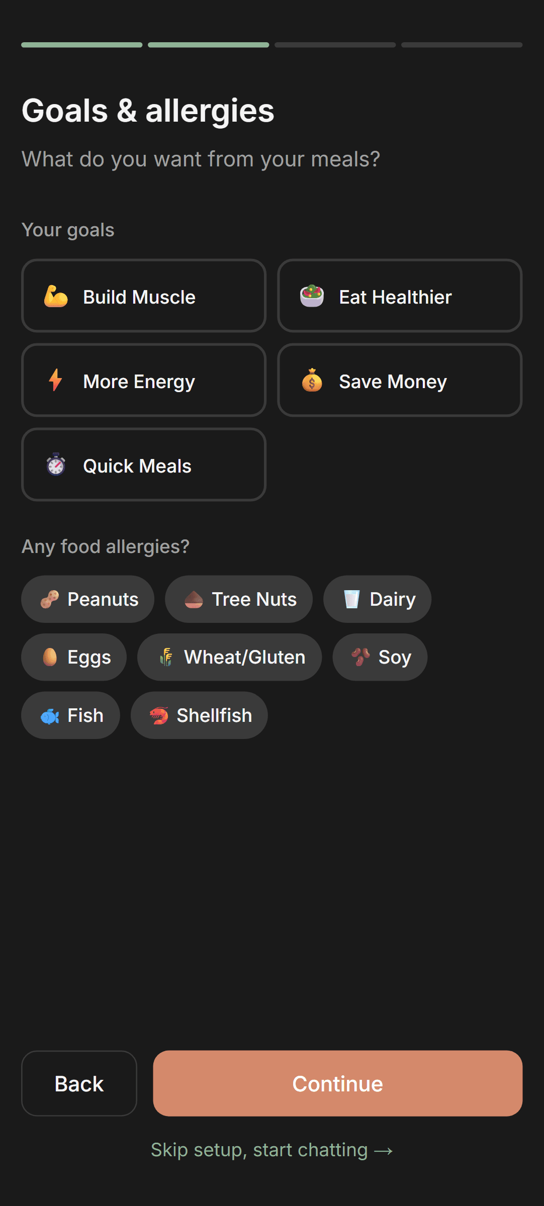 MealThinker onboarding - goals and allergies