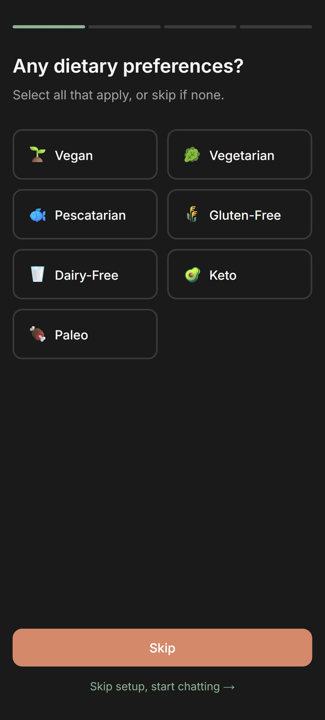 MealThinker onboarding - dietary preferences selection