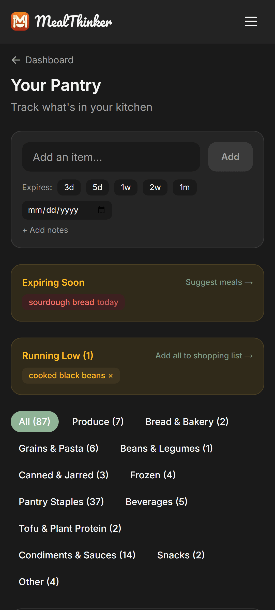 MealThinker pantry with expiring items and categories