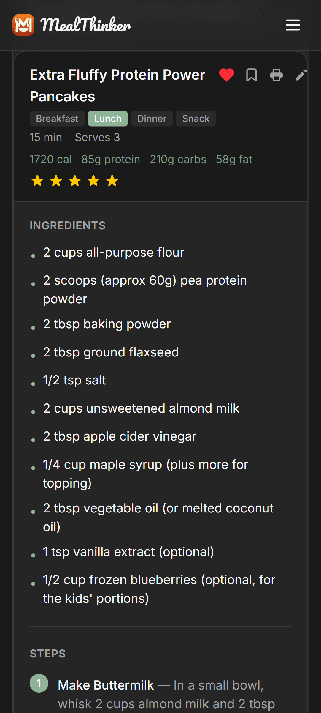MealThinker recipe with ingredients, nutrition facts, and 5-star rating