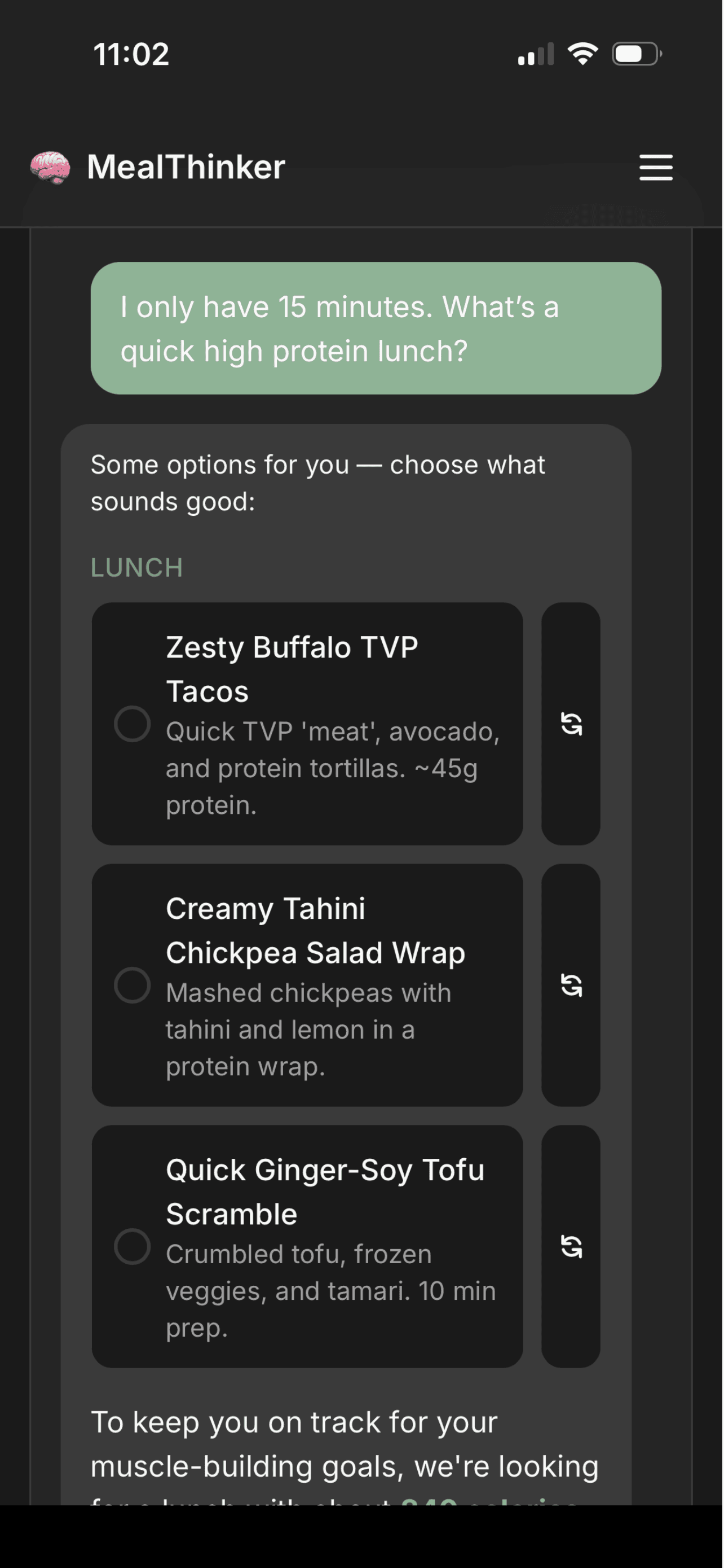 MealThinker AI chat suggesting dinner