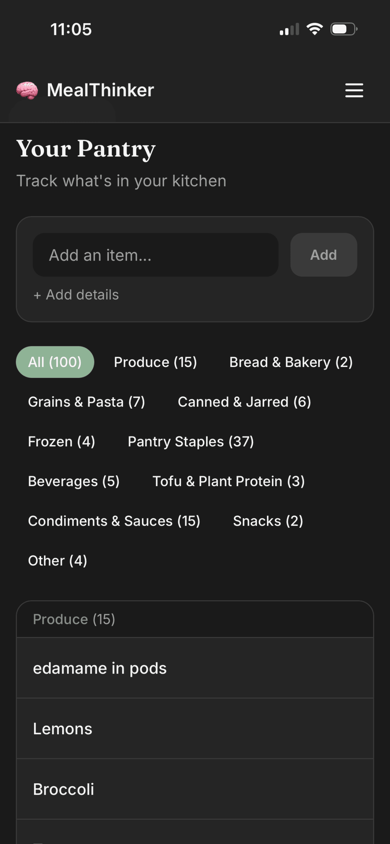 MealThinker pantry tracking screen