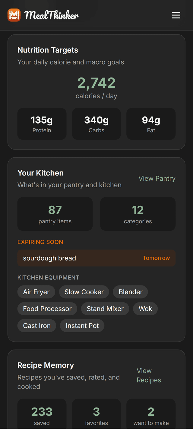 MealThinker About Me - nutrition targets, kitchen equipment, and pantry overview