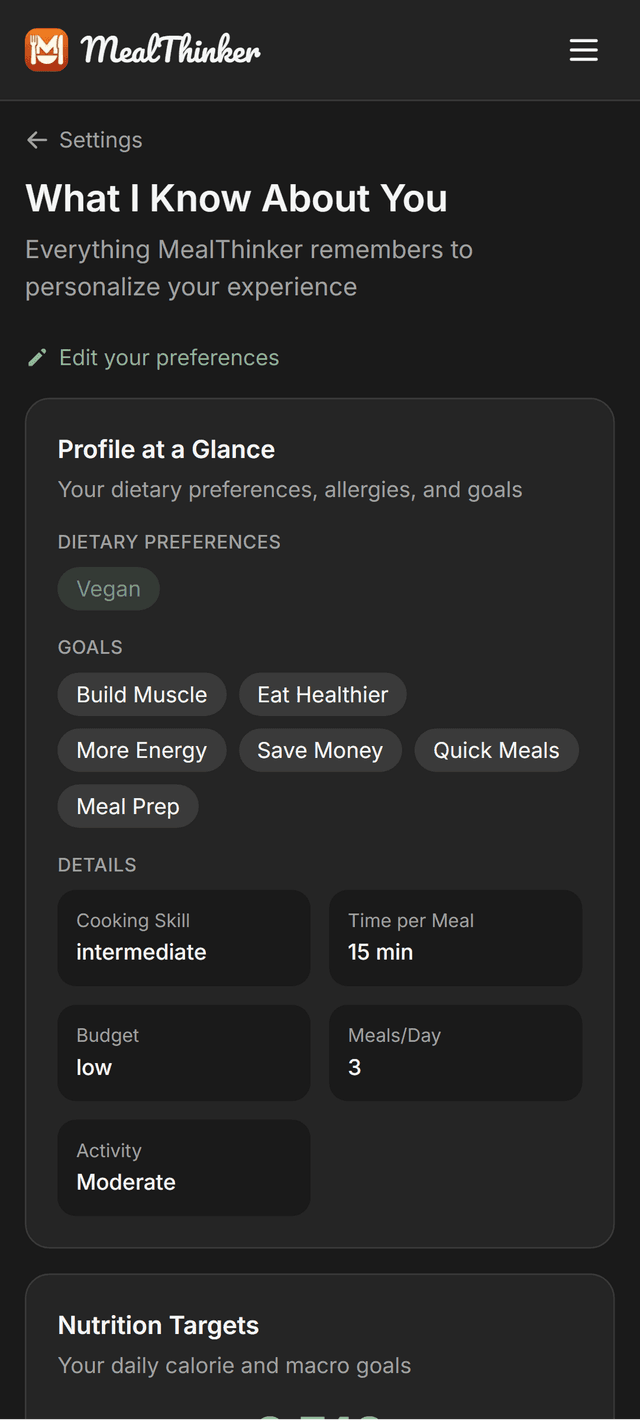 MealThinker About Me page showing dietary preferences, goals, and cooking details