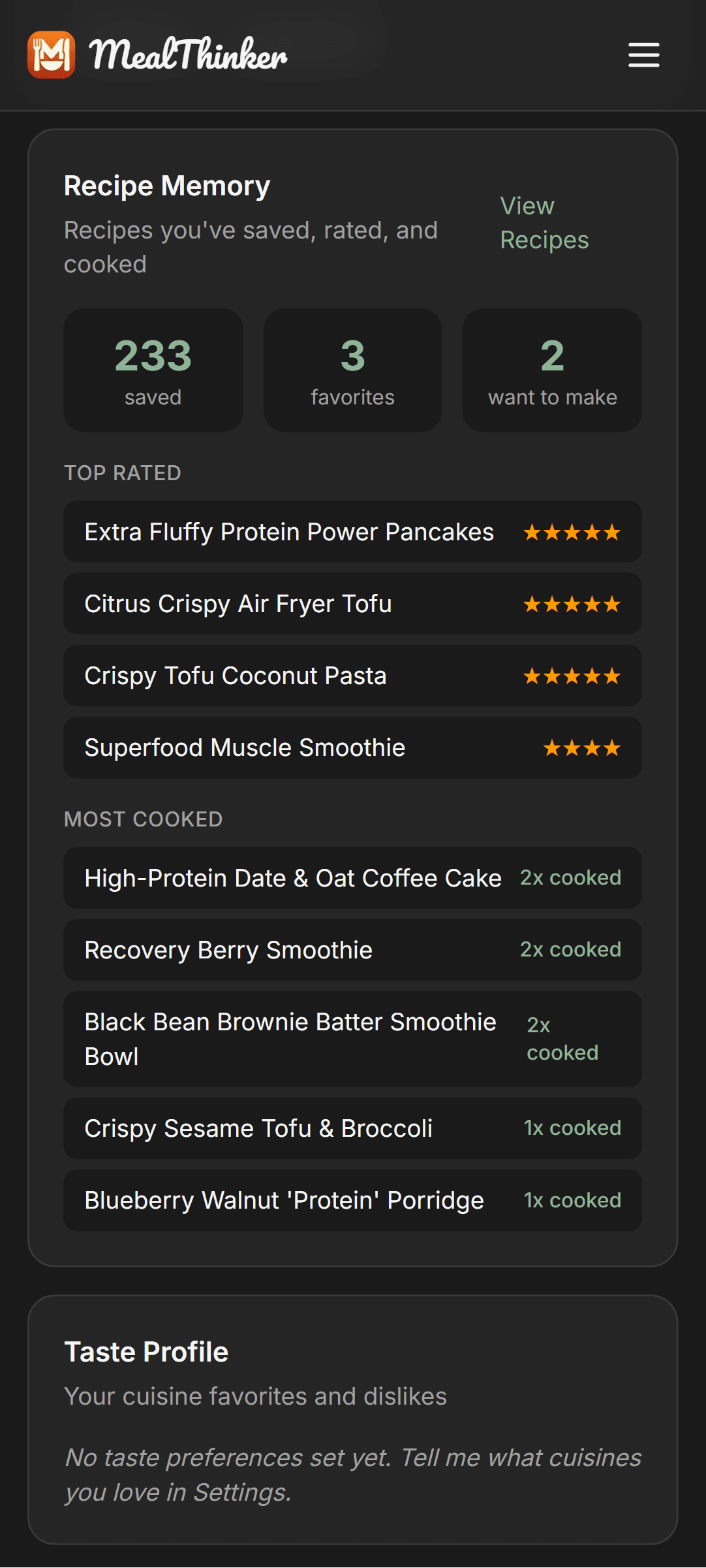 MealThinker About Me recipe memory with saved, rated, and cooked recipes