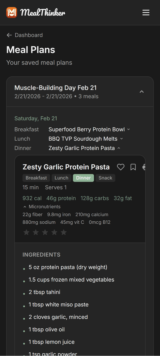 MealThinker saved meal plan with breakfast, lunch, and dinner