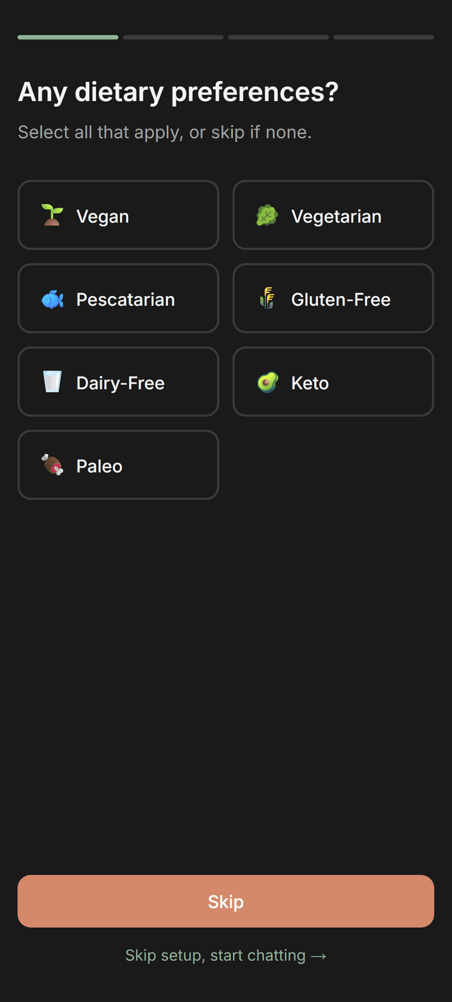MealThinker onboarding - dietary preferences selection