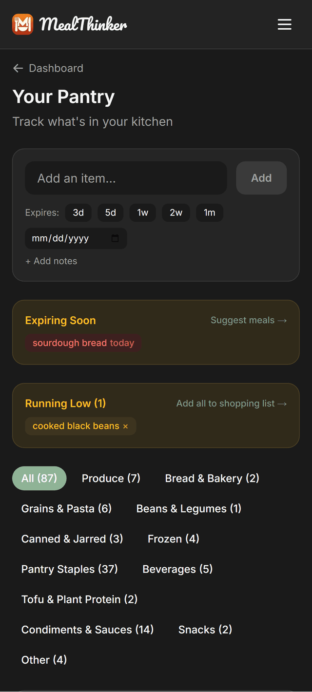 MealThinker pantry with expiring items and categories