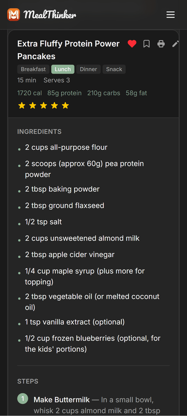 MealThinker recipe with ingredients, nutrition facts, and 5-star rating