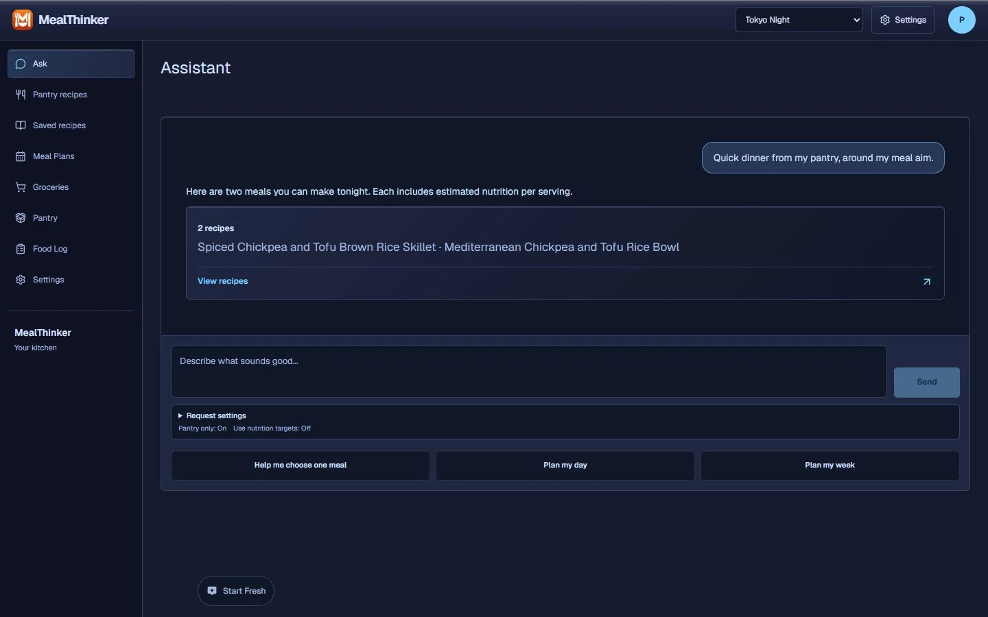Assistant with a request and two example recipes